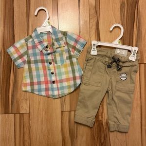 NWT Okie Dokie Baby Boy Multiplaid Shirt & Jogger Pants Outfit (Size: 3 Months)